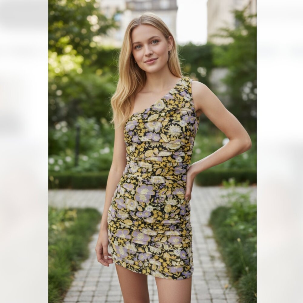 NWT ZARA PRINTED DRESS WITH DRAPING ONE SHOULDER GREEN BLOGGERS FAV XL
